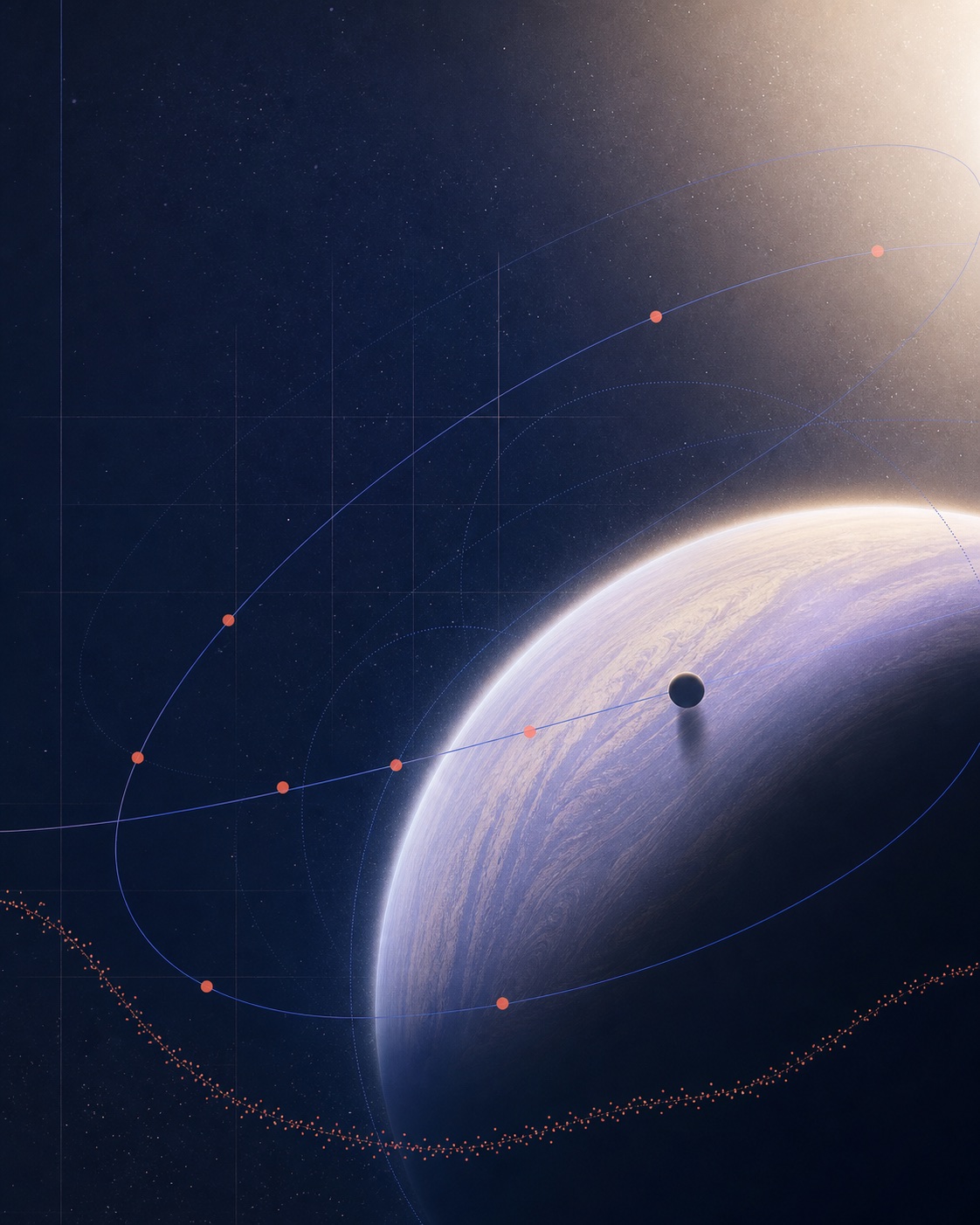 Conceptual editorial illustration of an exoplanet horizon, orbital paths, and signal points